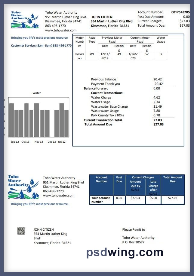 USA Florida Toho Water Authority Utility Bill